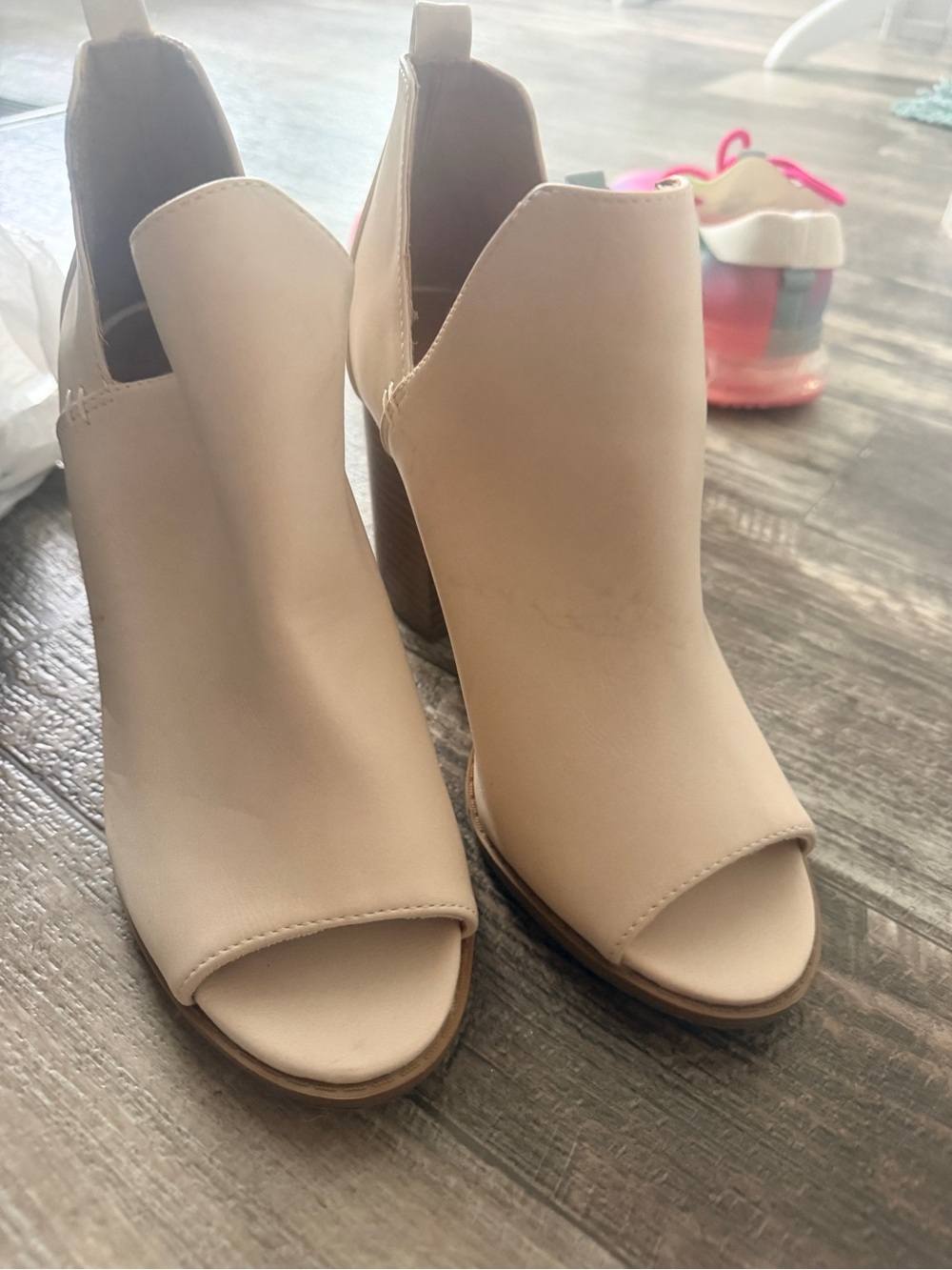 Qupid Beige Open-Toe Block Heel Booties